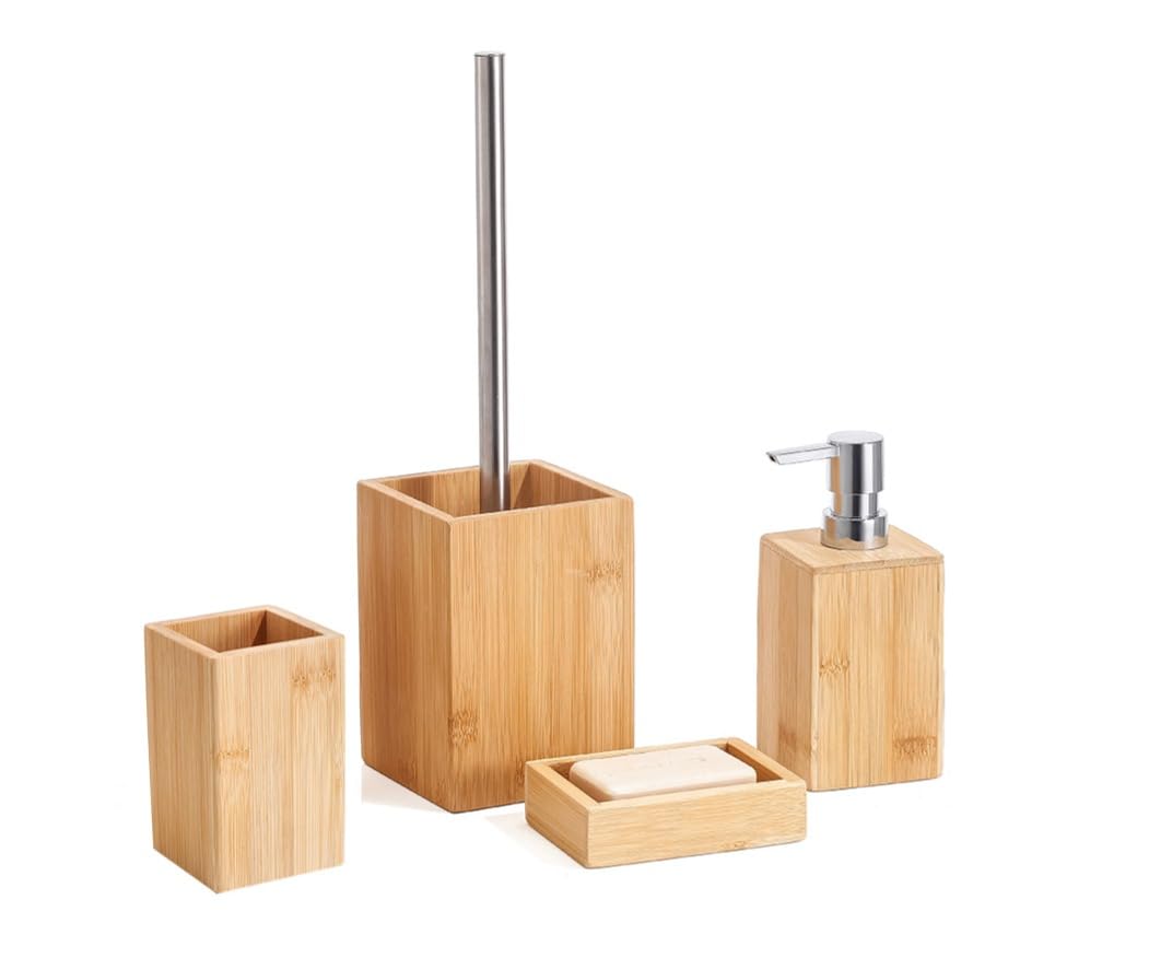 BM Set Accessori Bagno in Bambù 4 Pezzi – Dispenser Sapone, Portaspazzolino, Portasapone, Porta Scopino WC – Design Naturale ed Elegante, Ideale per Bagno Moderno e Minimalista