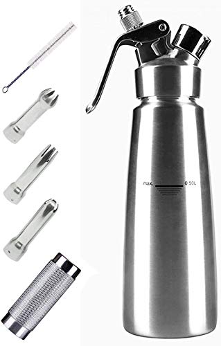 Sifone Professionale per Panna Montata in Acciaio Inox 304 0,5L con 3 Ugelli Decorativi (N20 Non Incluso)