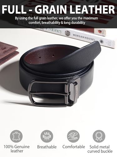 Image of Belts for Men Leather Original, Reversible Black & Brown Formal & Casual Italian Leather Belt with Attached Metal Curved Buckle