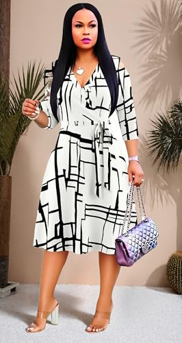 Image of Womens Plus Size Summer Dresses Sexy V Neck Midi Dress Faux Wrap Dress 3 /4 Sleeve Boho Casual Floral A-Line Skirts