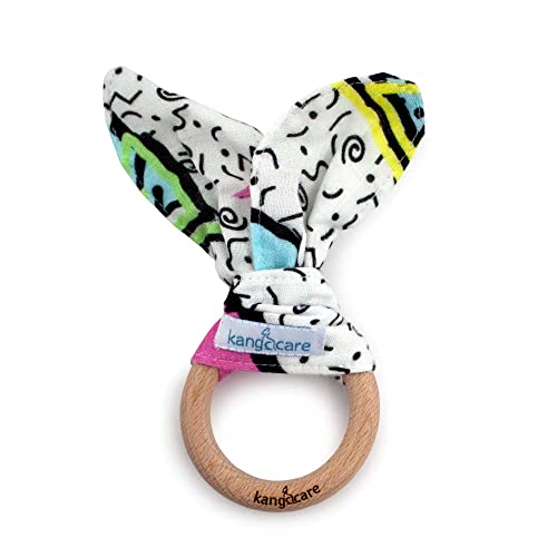 Image of Kanga Care Baby Soft Muslin Sensory Crinkle Bunny Ear Wood Teething Ring - Radical 80's