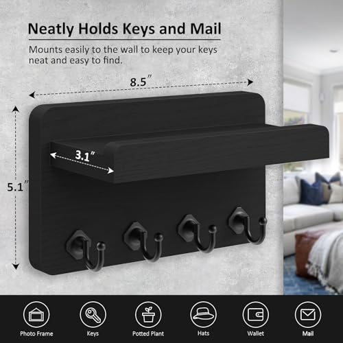 Nekon Key Holder Wall Mount, 8.5 Inch Small Home Decor Wooden Wall Organizer with 4 Hooks and Shelf, Key and Mail Holder for Living Room Entryway Kitchen (Black) - Image 4