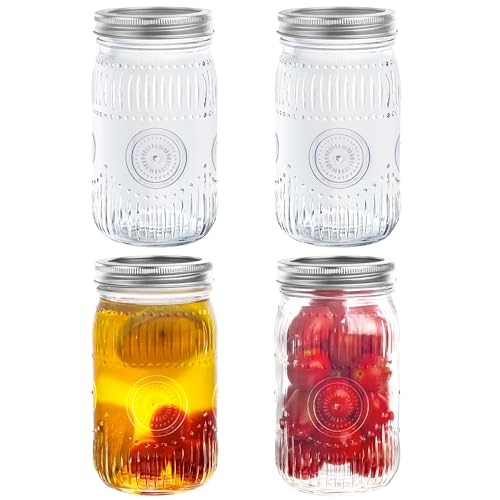 Image of Amzcku 32 oz Vintage Mason Jars with Lids, Regular Mouth Canning Jar, Safe For Storage, Canning, Pickling, Preserving, Fermenting, DIY Crafts & Decor 4 Pack