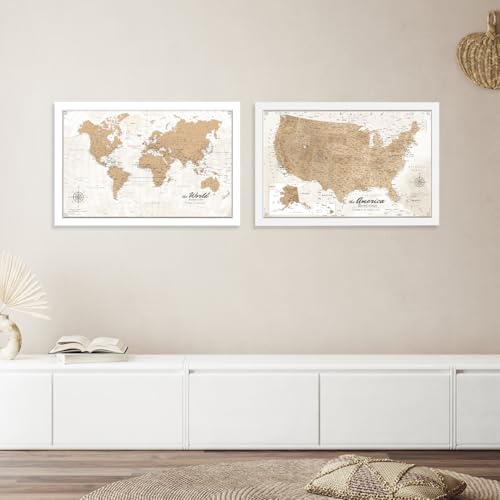 Image of IPIC - Vintage World Map & USA Map Canvas Wall Art Set of 2, Travel Wall Decor with Pins Included, Ready to Hang for Office or Living Room, 24x16 Inch