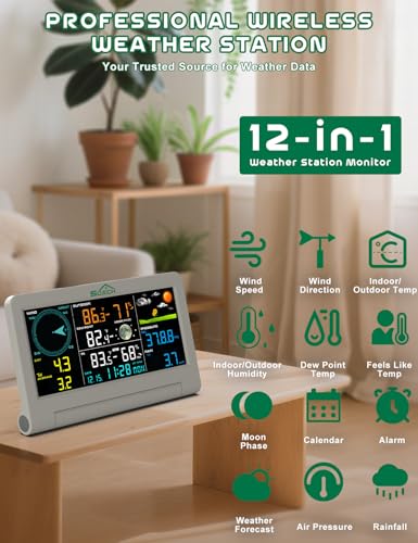 SQECH Weather Stations,7-in-1 Weather Stations Including Indoor & Outdoor Sensor Wireless,Weather Station Including Weather Forecast,Temp&Humidity,Rain Gauge,Wind, Moon Phase,Date Display,Alarm Clock - Image 2