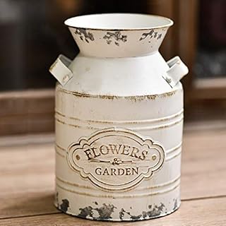 JSY-UP Rustic Metal Flower Vase, Shabby Chic Vintage Farmhouse Jug Vase,Galvanized Milk Can with Handle for Home Decoration -7.9inch
