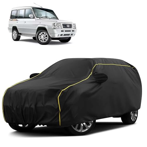 Image of Sulfar 100% Water Resistant Car Body Cover Compatible with Mirror for Tata Sumo Gold (Triple Stitched, Full Bottom Elastic, Black Taffeta with Yellow Piping)