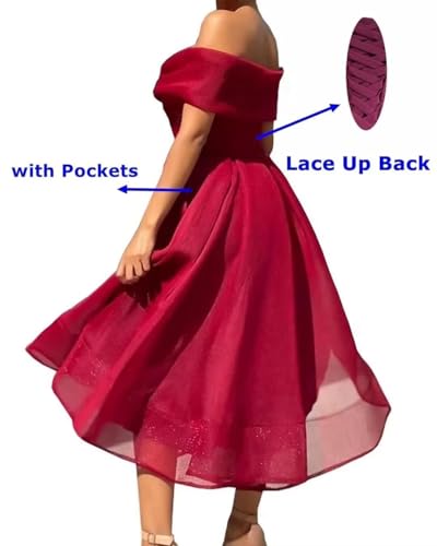 Womens Tulle Tea Length Mother of The Bride Dresses Off Shoulder Wedding Guest Dress Formal Evening Party Gown LZY8072