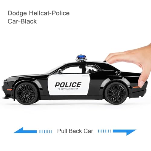Image of 1 /24 Dodge Challenger Hellcat Model Car, Zinc Alloy Pull Back Toy car with Sound and Light for Kids Boy Girl Gift (Police Black)
