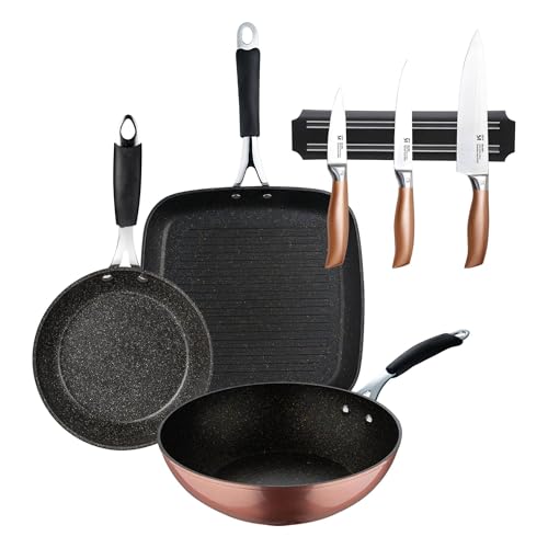 Set de 3 couteaux de cuisine en acier inoxydable + poêle grill 28 x 28 cm + wok Ø28 cm + poêle Ø20 x 4,5 cm en aluminium forgé avec revêtement Cooper...