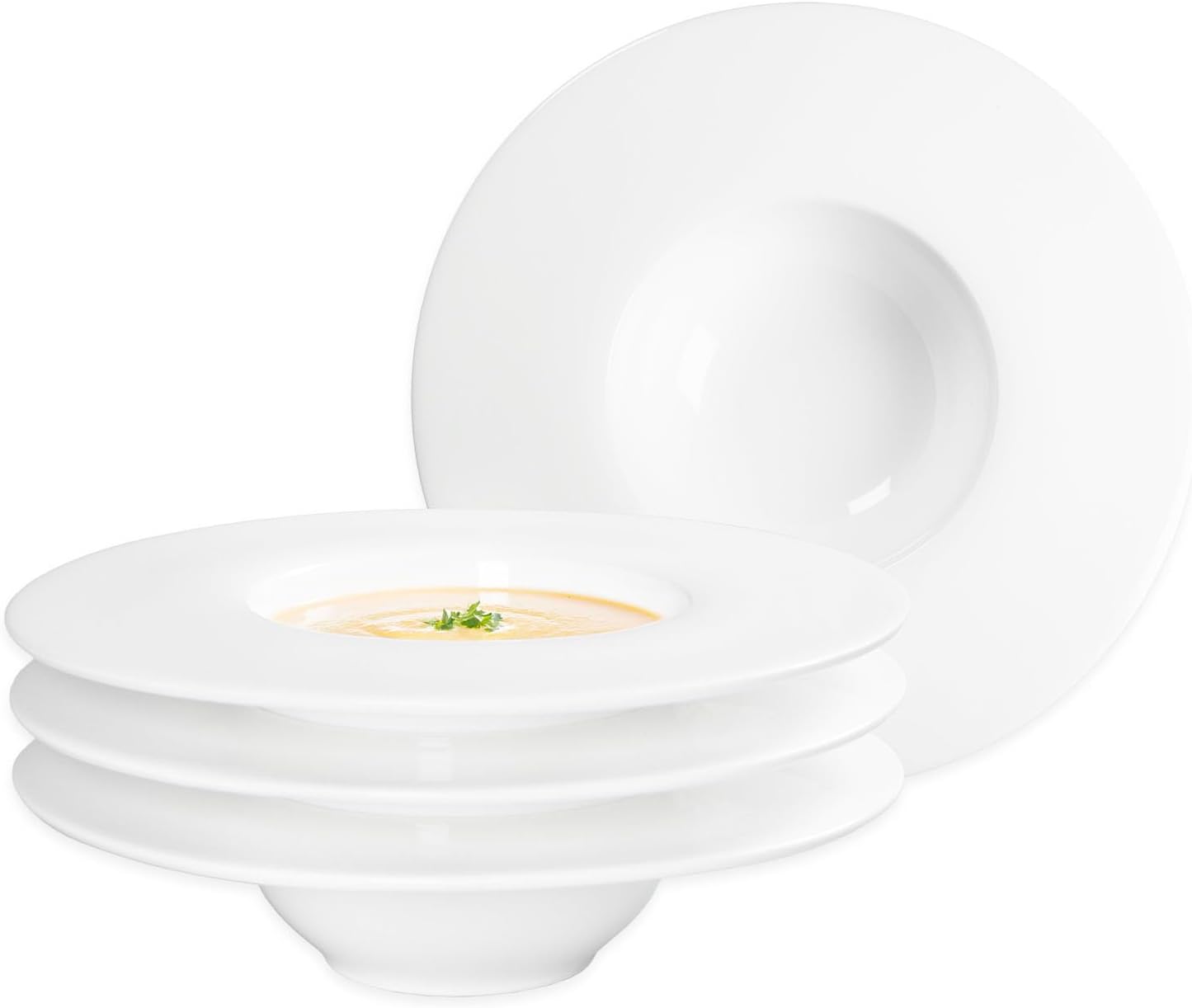 Ceramics Rimmed Soup Plates Pasta Bowls Set of 4, 6.8 Oz Pasta Plate with Wide Rim, White Salad Bowls for Soup, Dessert, Spaghetti, for Kitchen and Eating, Microwave Dishwasher Safe, 8 Inch