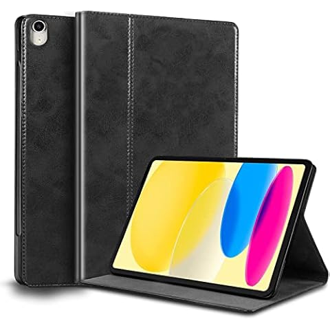 NANRUIL for Ipad 10th Generation 10.9 inch Case 2022 Genuine Leather Cover Protective Shell,Auto Wake/Sleep.Black Cover