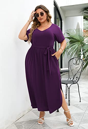 Image of Nemidor Womens Casual Plus Size Tie Waist Slit Long Maxi Dress with Pockets NEM313