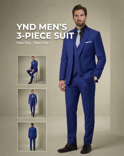 Image of YND Men's 3 Piece Suit with Tie, Solid Color Slim Fit Jacket Vest and Pants