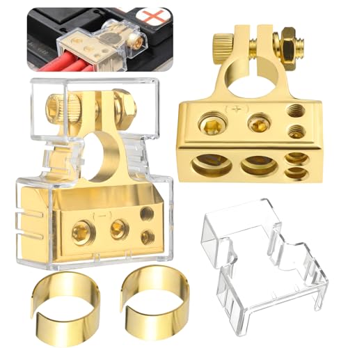 DNGH Batterieklemmen Batterie Polklemmen 0/4/8/10 AWG Autobatterie Klemmen Positiv & Negativ Battery Terminal mit Unterlegscheiben und Abdeckung Gold