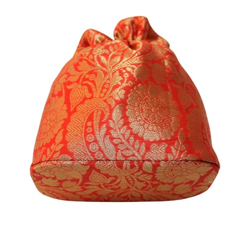 Image of MILAN'S CREATION Banarasi Silk Brocade Potli Bag Purse With Base Drawstring Women's handbag with Pearl Handle & Tassel Weddings