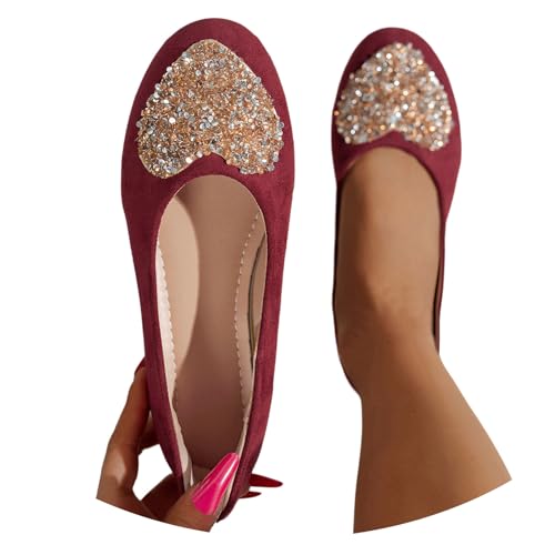 Générique Ballerines Femme Grandes Tailles Strass en Daim Bout Rond Plates Douces Confortables Quotidiennes(Red, 42)
