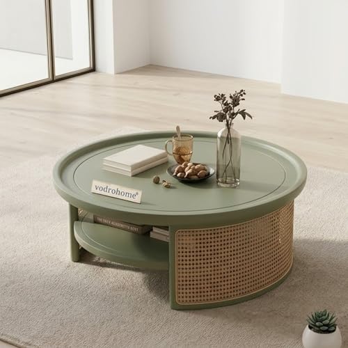 Image of Rattan Coffee Table - Cane Center Table with Shelf for Storage - Bohemian Solid Mango Wood Coffee Table for Office and Living Room C#042 (Sage Green)