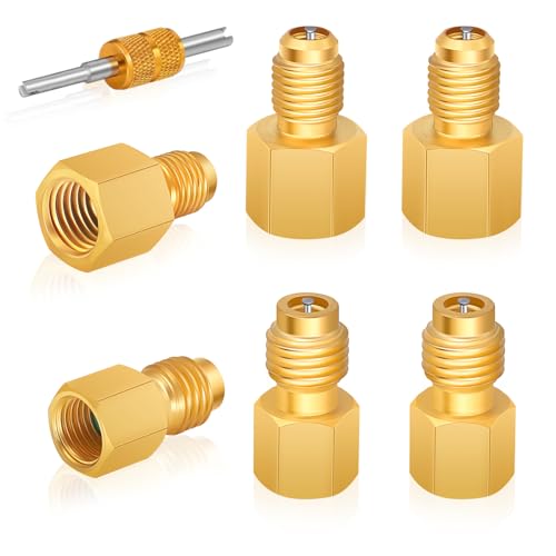 Boltigen 6pcs R134a Refrigerant Tank Adapters, R12 to R134a AC Fitting Connector, 1/2 to 1/4 Flare R134a Vacuum Pump Adapter Fittings with Valve Core