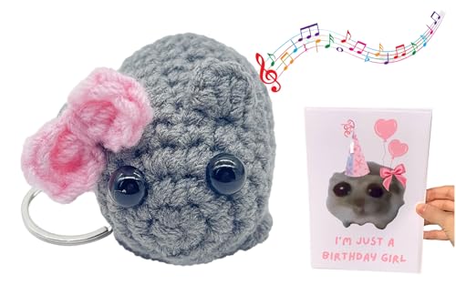 Leong Products TIK Tok Meme Sad Hamster Keychain Plush Toy with Pink Bow, Handmade Crochet Built-in Violin Sound for Soft Cute (Keychain with Music)