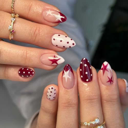 Polka Dot Press on Nails Short Almond Fake Nails Cute Red White Nails Press ons with Star & Dots Design,Y2K Reusable Artificial Nails Full Cover Stick on Nails for Women Manicure 24Pcs
