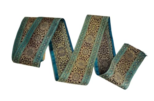 Image of Brocade Ethnic Work 9 Meter Laces and Borders Material for Dresses, Sarees, Lehenga, Suits, Blouses, Dupatta, chunri and Crafts (Turquoise x Black)