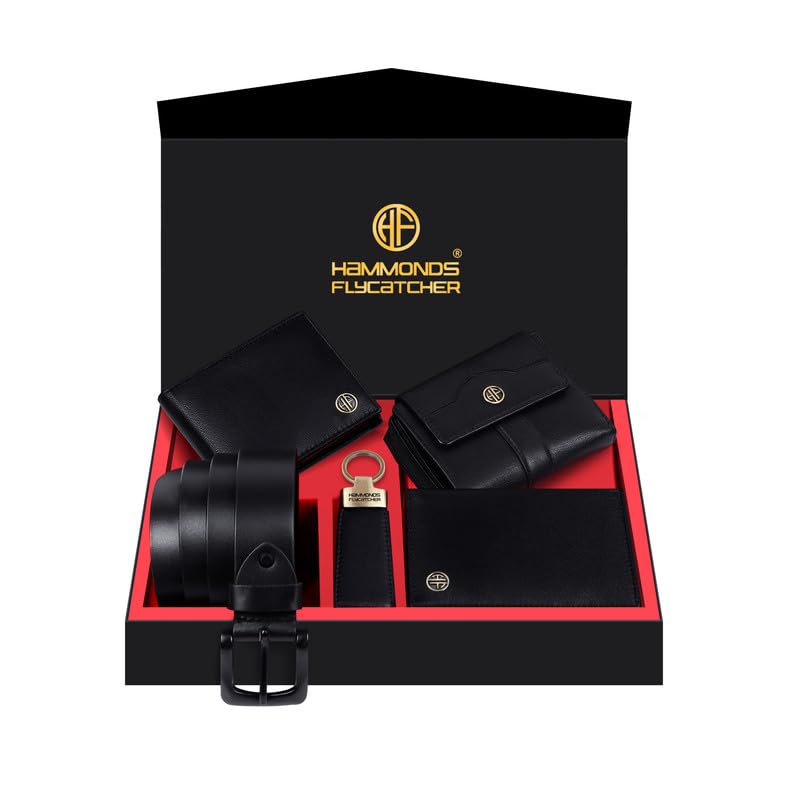HAMMONDS FLYCATCHER Genuine Leather Premium 5 in 1 Mega Gift Combo Gifts Set for Men & Colleagues - Men's Wallet, Ladies Wallet, Passport Holder, Men's Belt & Keyring - Asphalt Black