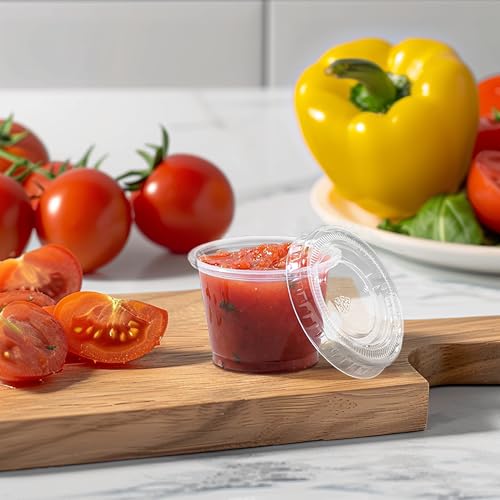 Image of TashiBox 400 Sets - 1 oz Portion Cups with Lids, Disposable Plastic Cups for Sauce,Portion Control, Salad Dressing, & Medicine, Small Plastic Condiment Container