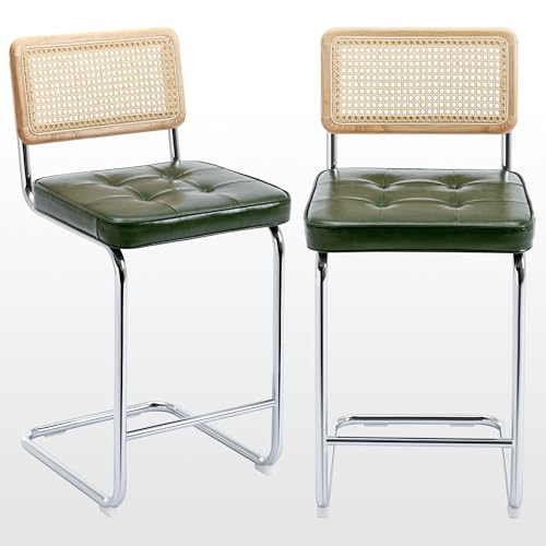 Zesthouse Natural Rattan Bar Stools Set of 2, Modern Counter Height Stools with Solid Wood Back, 26'' Counter Height Chairs, Mid Century Cantilevered Bar Chairs for Kitchen Island, Faux Leather Green