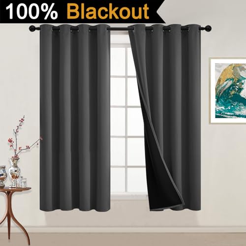 Image of Yakamok Charcoal Grey 100% Blackout Curtains 54 Inches Long 52 inch Wide 2 PCS | Blackout Curtain Panels for Bedroom, 2 Thick Layers Grommet Top Thermal Insulated Drapes with Black Liner for Living Room
