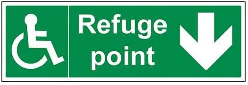 VSafety Glow In The Dark Refuge Point Arrow Down Fire Assembly Sign - 450mm x 150mm - Self Adhesive Vinyl