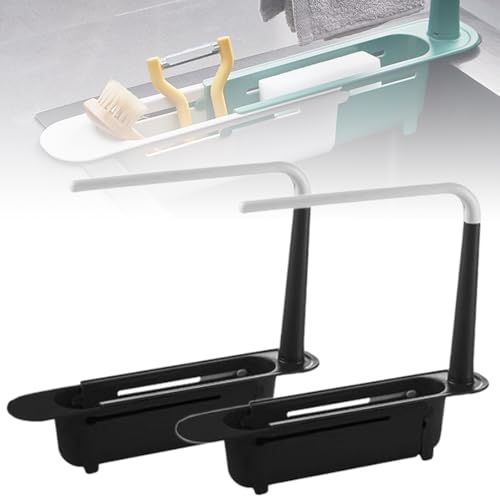 2026 Updated Telescopic Sink Storage Rack, organizador ajustable para fregadero, estante telescópico expandible 2 en 1 para cocina, portaesponja y jabonera para cocina en casa (E - Negro - 2 piezas) miniatura 1