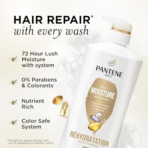 Image of Pantene Shampoo & Conditioner Set, Daily Moisture Renewal with Vitamin E - Pro-V Nutrients for Dry, Color-Treated, Straight to Curly Hair, 72-Hour Hydration & Softness, 52.8 Oz Total