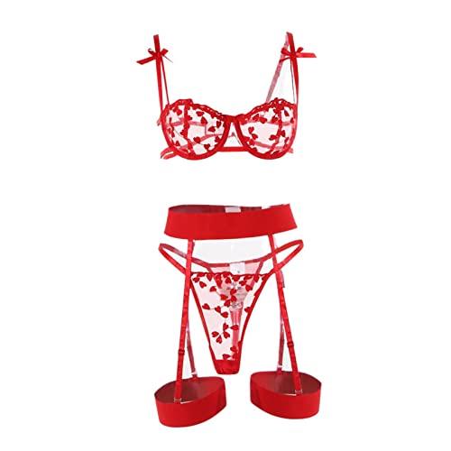Lingerie Ensemble Dentelle 3 Pièces avec Soutien-Gorge, Culotte et Body Jarretelle Ajustable
