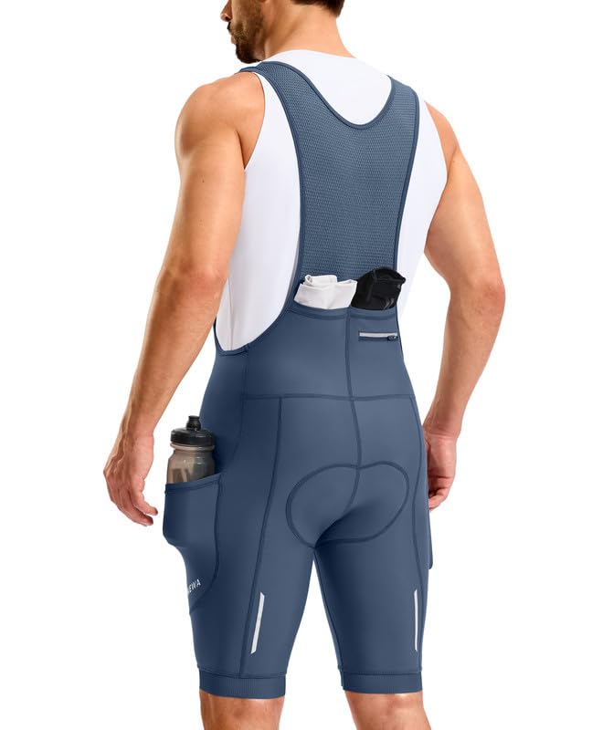 Bikewa Mens Cycling Bibs 4D Padded Bike Shorts with Anti-Slip Leg Grips Padding Biking Bicycle Road Riding Cycle Bib Shorts for Men Rear 2+1 Zipper Pockets UPF50+(Blue Grey L)