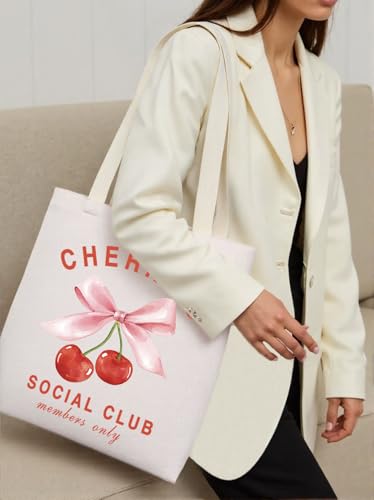 Image of KUIYAI Coquette Cherry Tote Bag - Soft Girlie Gift with Pink Bow & Cherries