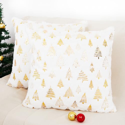 Canple Christmas Pillow Cover Set of 2, Double Sided Faux Fur Fluffy Throw Pillowcases Gold Christmas Tree Pillow Cover Merry Christmas Winter Holiday Home Decor White, 20 x 20 Inch