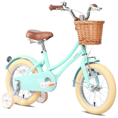 Glerc 14 Pulgadas Niños Niñas Bicicleta para 3 4 5 Años Niñas Retro Estilo Vintage Bicicletas con Cesta Ruedas de Entrenamiento y Campana, Verde Menta