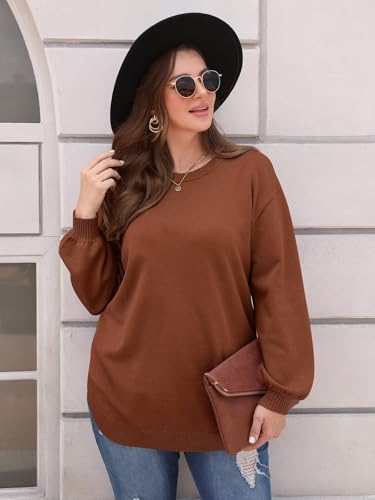 Image of Women's Plus Size Sweaters Crewneck Knit Side Slit Pullover Tops Fall Outfits (3X, Caramel)