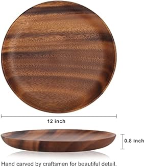 Ayiaren 12 Inch Best Acacia Wooden Dinner Plates Set of 2, Round Wood Serving Tray Wooden Plates for Eating Salad Fruit Food Dishe Platter Charcuterie Boards Charger Plate Cheese Serving Board
