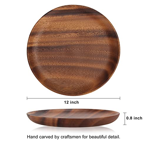 Ayiaren 12 Inch Best Acacia Wooden Dinner Plates Set of 2, Round Wood Serving Tray Wooden Plates for Eating Salad Fruit Food Dishe Platter Charcuterie Boards Charger Plate Cheese Serving Board