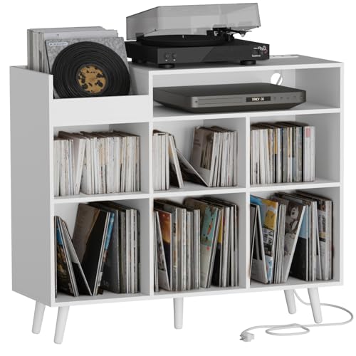 Cozy Castle Large Record Player Stand with Vinyl Storage Cabinet, Wood Turntable Table Open Shelf Holder Up to 500 Albums Cube Storage Organizer for Living Room, Office, White