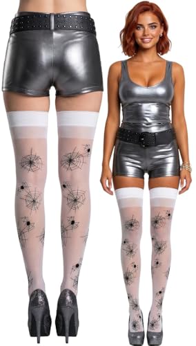 Image of ToBeInStyle Women's Spiderweb & Crawling Spider Print Hosiery Tights & Thigh High Stockings