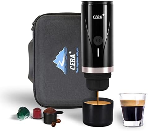CERA+ Portable Mini Espresso Machine, 12V/24V Rechargeable Car Coffee Maker with Self-Heating, 20 Bar Pressure Compatible with NS Pods & Ground Coffee for Travel, Camping, Office, Home