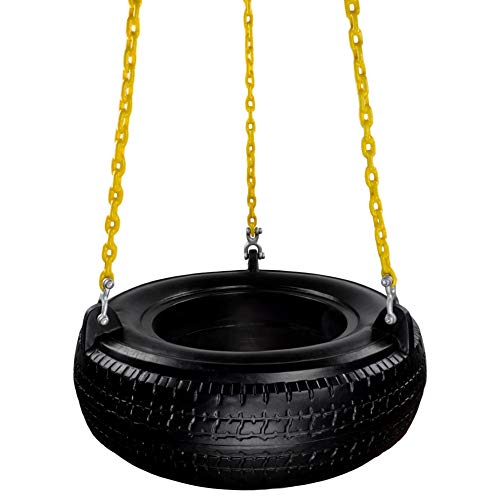 Swing Set Stuff Inc. Plastic Tire Swing with Coated Chain & SSS Logo Sticker Playground Tire Swing, Black/Yellow