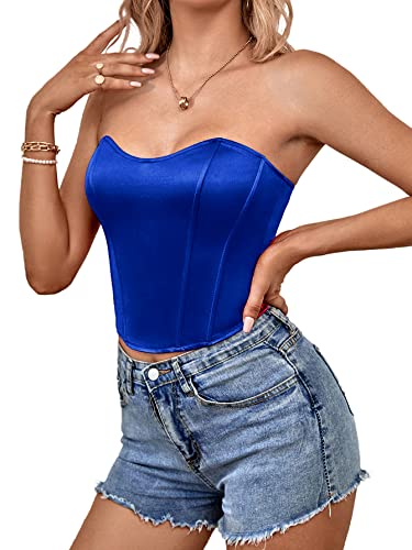 Lyaner Women’s Sexy Satin Sweetheart Neck Crop Tube Tops Strapless Bustier Cami Corset Top Royal Blue Large #TOP3