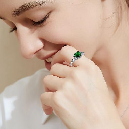 AOBOCO 2ct Vintage Birthstone Heart Ring 925 Sterling Silver Retro Oxidized Band Ring with Crystal from Austria, Birthday Anniversary Jewelry Gifts for Women Her2