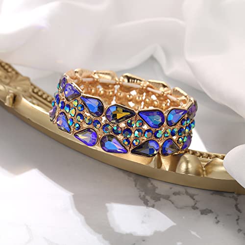 BriLove Wedding Bridal Elegant Crystal Double Row Teardrop Rhinestones Cluster Stretch Bangle Bracelet for Bride3