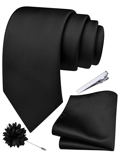 Image of Branduce 3.15 inch（8cm） Solid Formal Tie and Pocket Square Plain Necktie Lapel Pin and Tie Clip Set for Men