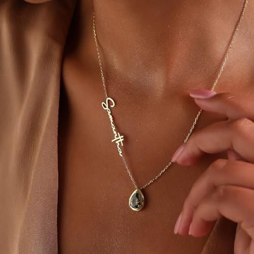 Birthstone Name Necklace Personalized for Women,Custom Sideways 18K Gold Plated Name Necklace Customized Letter Necklace Mom Birthday Christmas Gifts for Her2